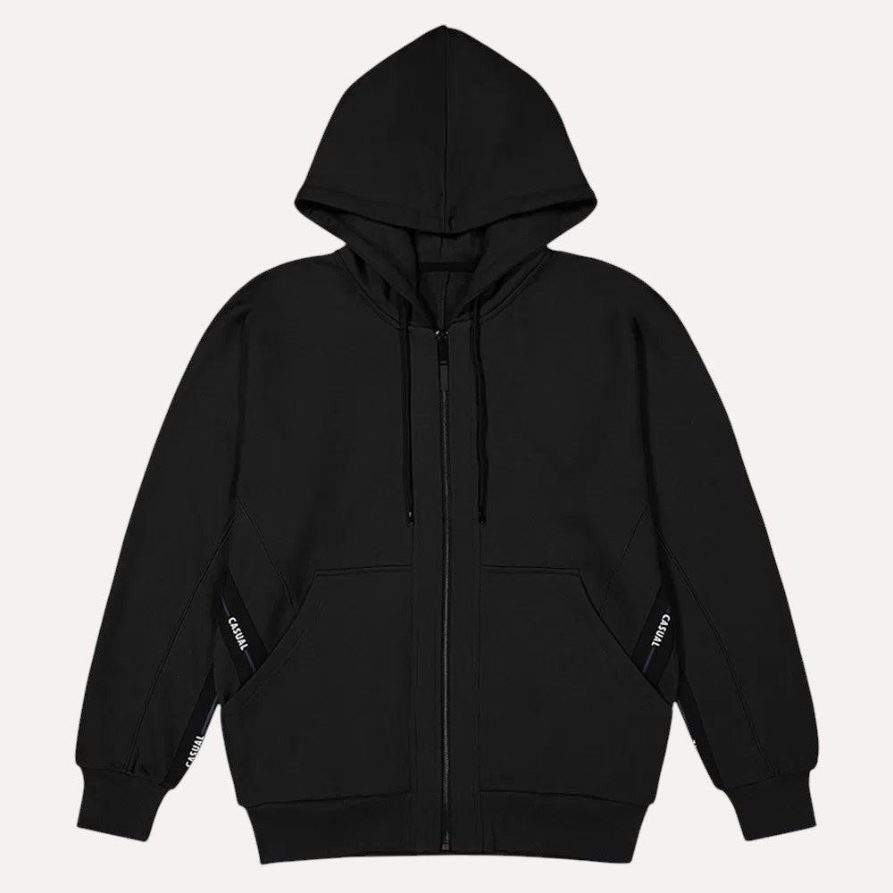 STILL TERRAINのブラックのロングラインブランケットフーディ。ポリエステルとコットン混紡のミニマルなジップアップパーカー。