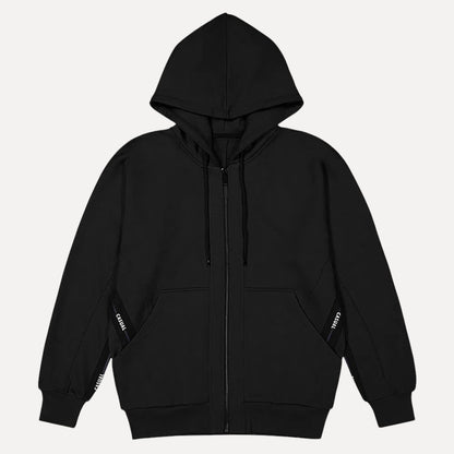 STILL TERRAINのブラックのロングラインブランケットフーディ。ポリエステルとコットン混紡のミニマルなジップアップパーカー。