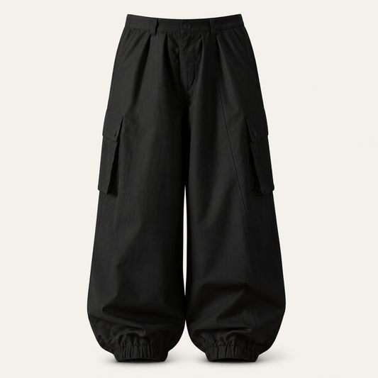 ブラックのワイドシェルカーゴパンツ。無人の商品正面画像。