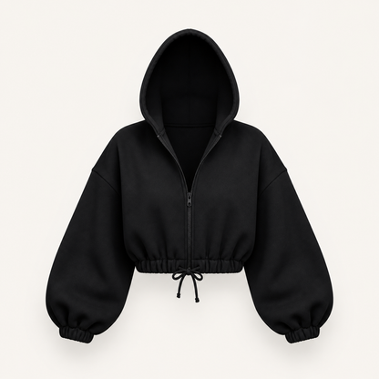ブラックのクロップド ジップアップフーディ。無人の商品正面画像。